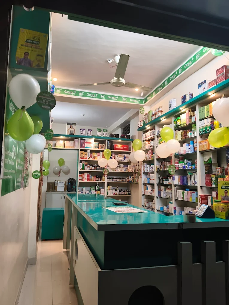 Pharmacy shelves and medicines