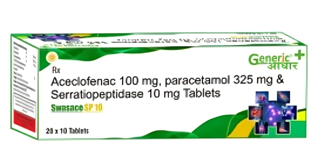 ACECLOFENAC 100 MG +PARACETAMOL 325 MG + SERRATIOPEPTIDASE 10 MG (SWASACE SP 10) TABS- GA